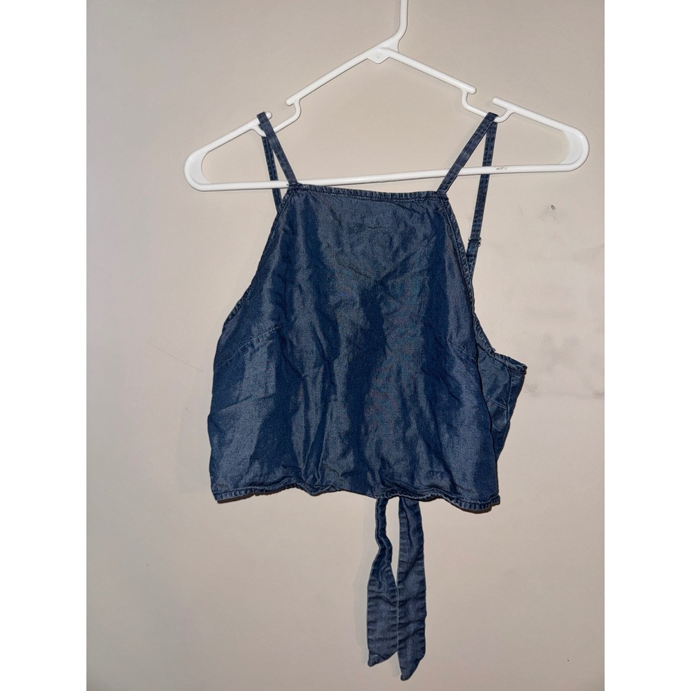 Express Womens Blue Chambray Lyocell Tie Back Crop Top High Neck Small